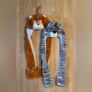 Child/Youth Plush Monkey and Zebra Winter Hats with Hand Warmers